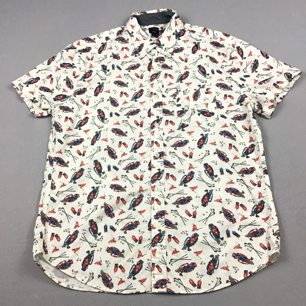 J.Crew Shirt Men Large Blue Red Golf Bag Club Print Short Sleeve Button Up L